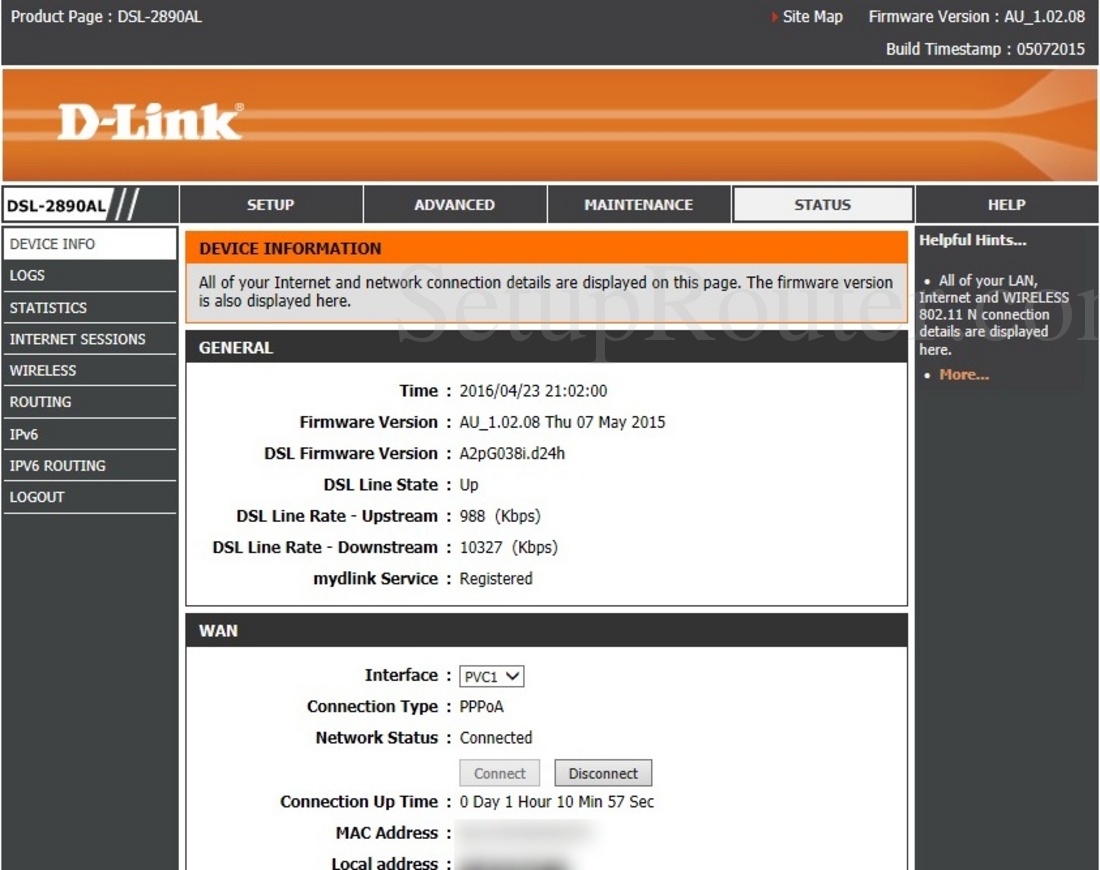 Dlink DSL-2890AL Screenshot DeviceInformation