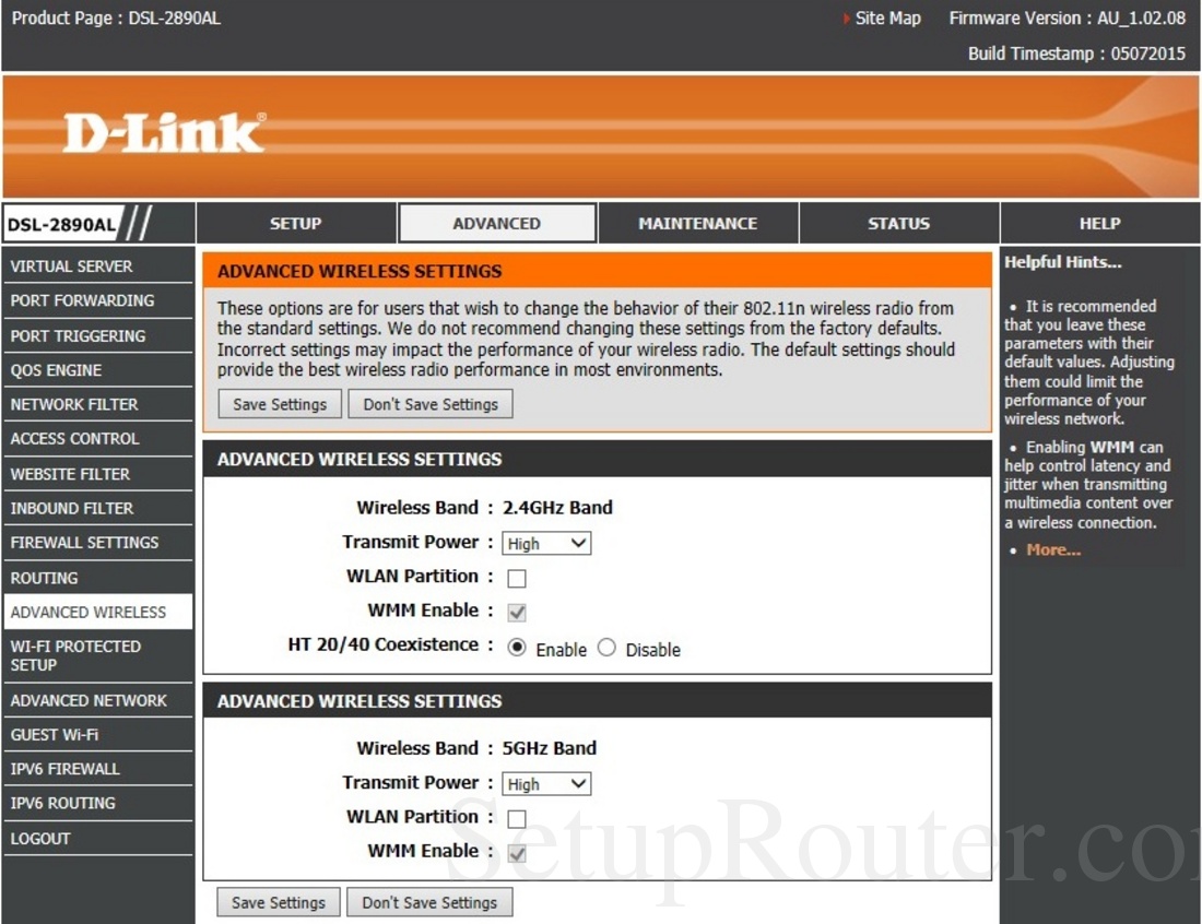 Dlink DSL-2890AL Screenshot AdvancedWirelessSettings