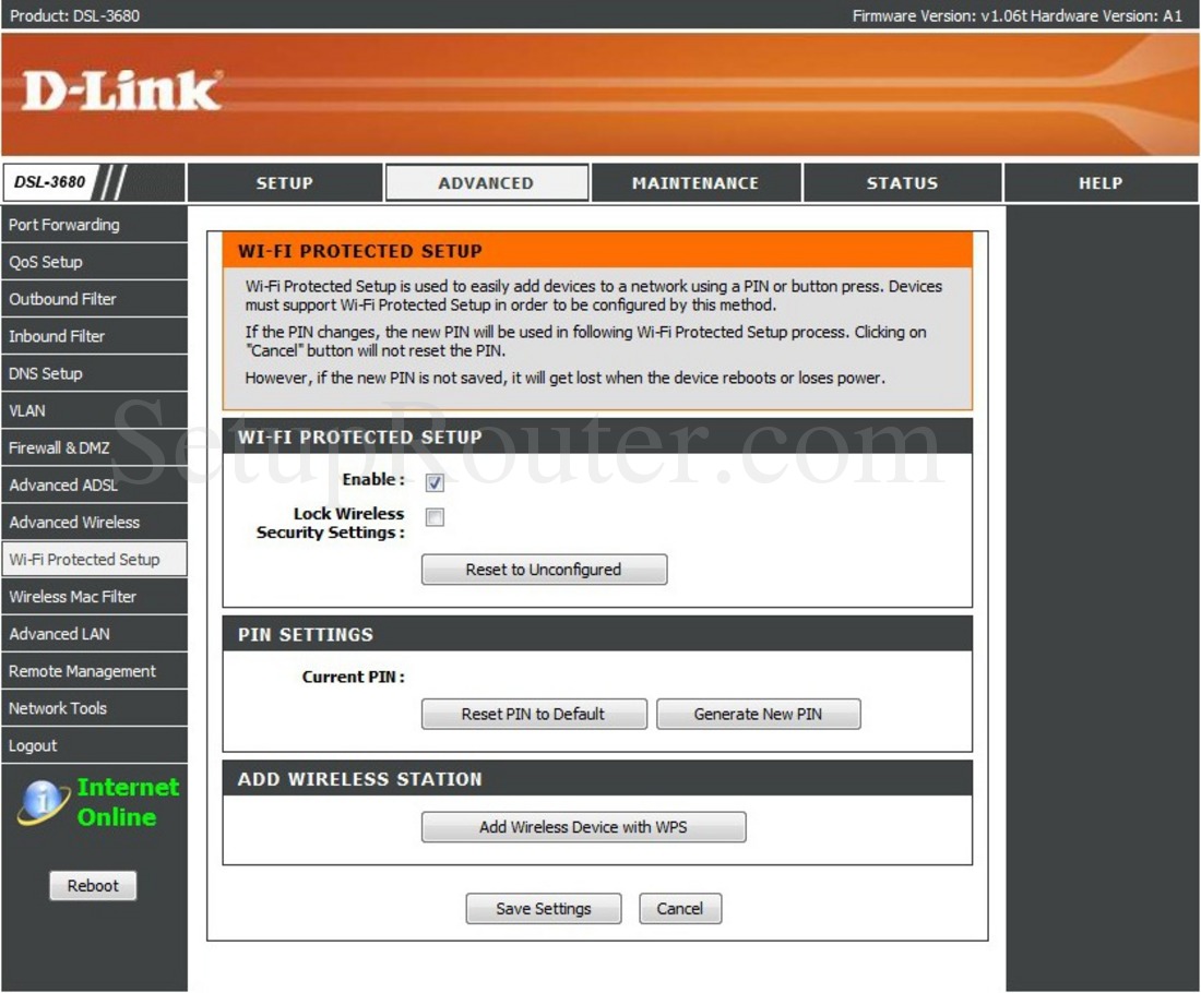 Dlink DSL-3680 Screenshot WiFiProtectedSetup