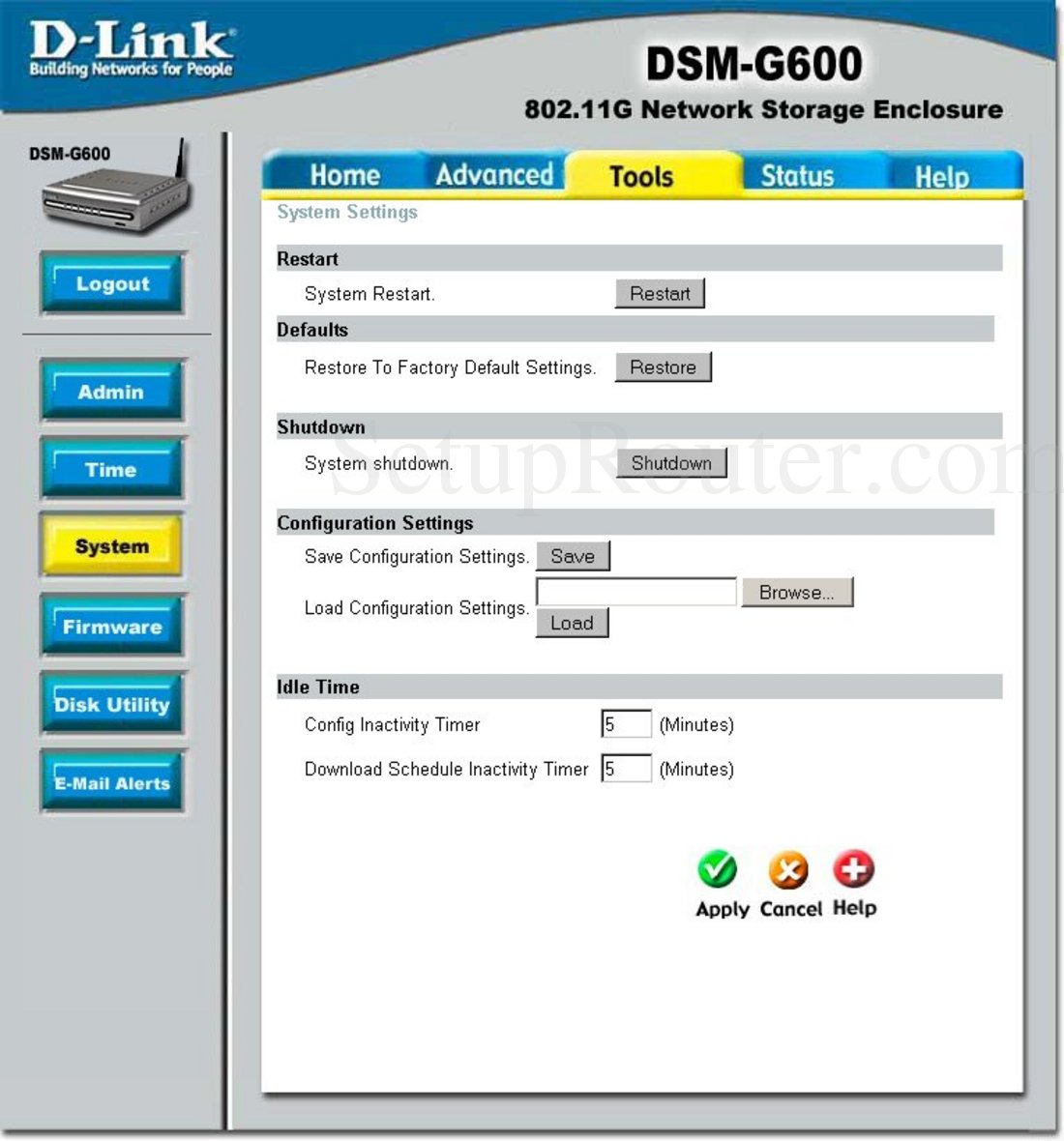 Dlink DSM-G600v2 Screenshot System Settings