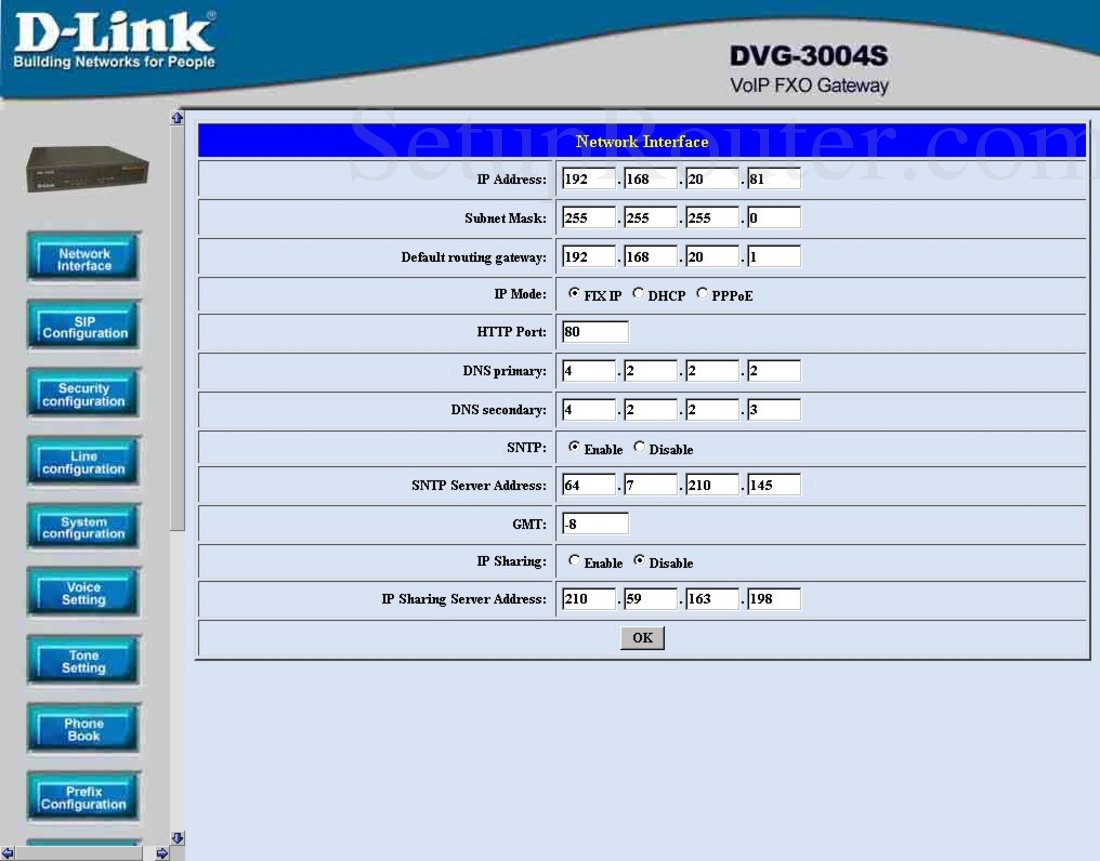 Dlink DVG3004S Screenshot Network Interface