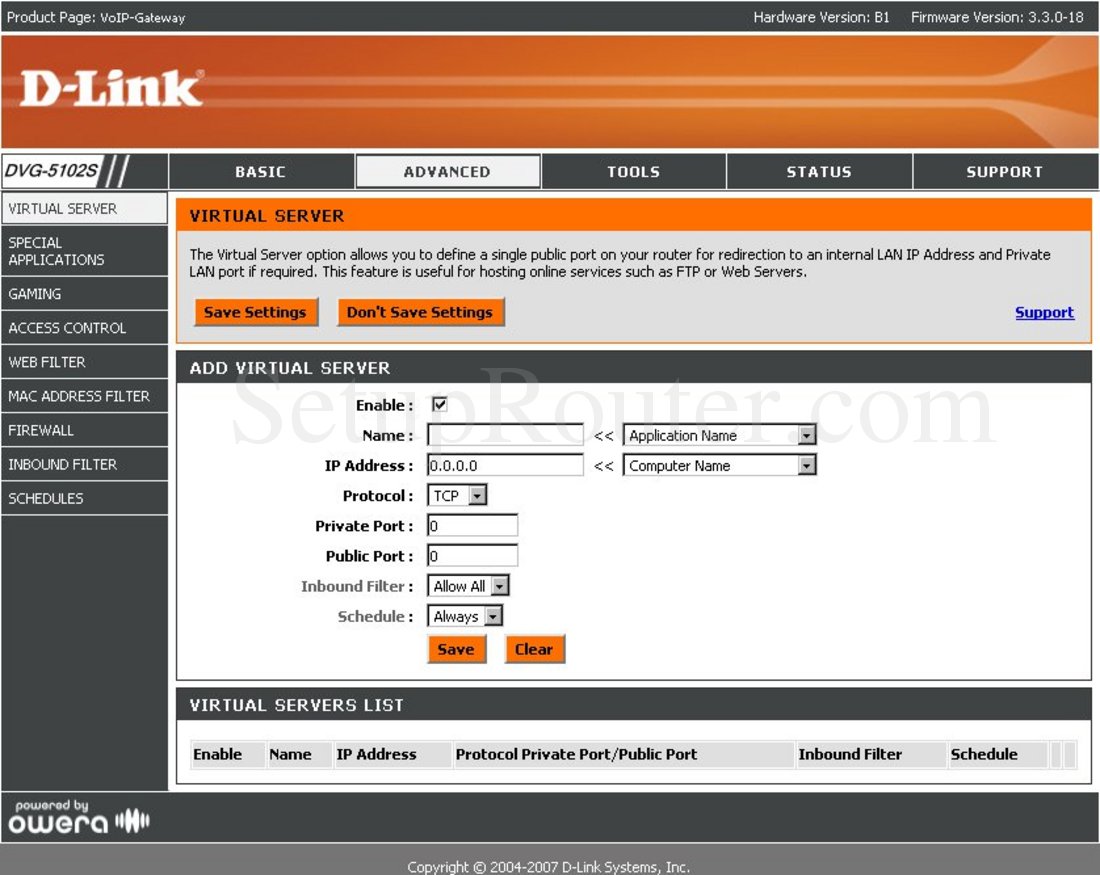 Dlink DVG-5102S Screenshot Virtual Server