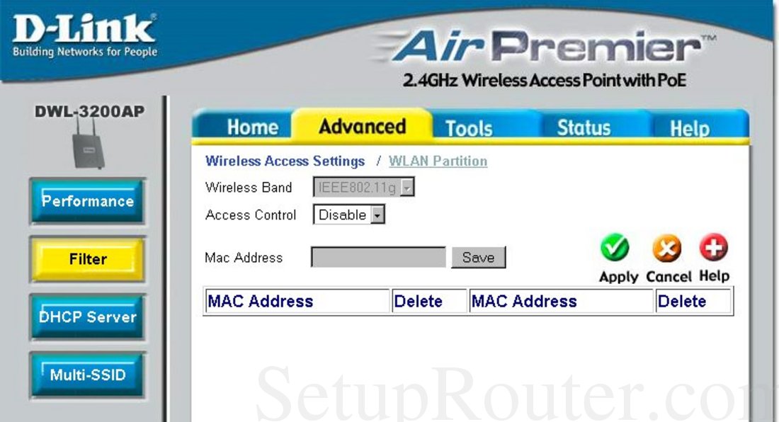 Dlink DWL3200AP Screenshot Wireless Access Settings