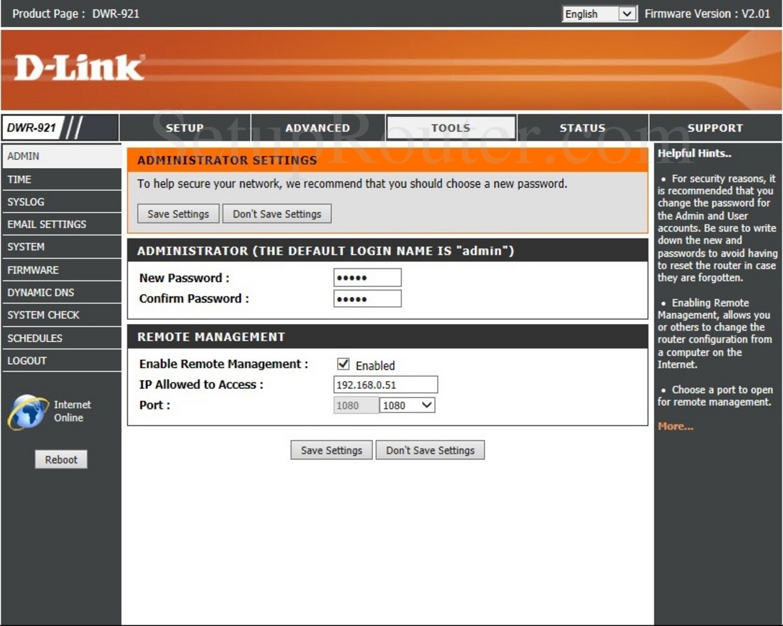 Dlink DWR-921 Screenshot AdministratorSettings