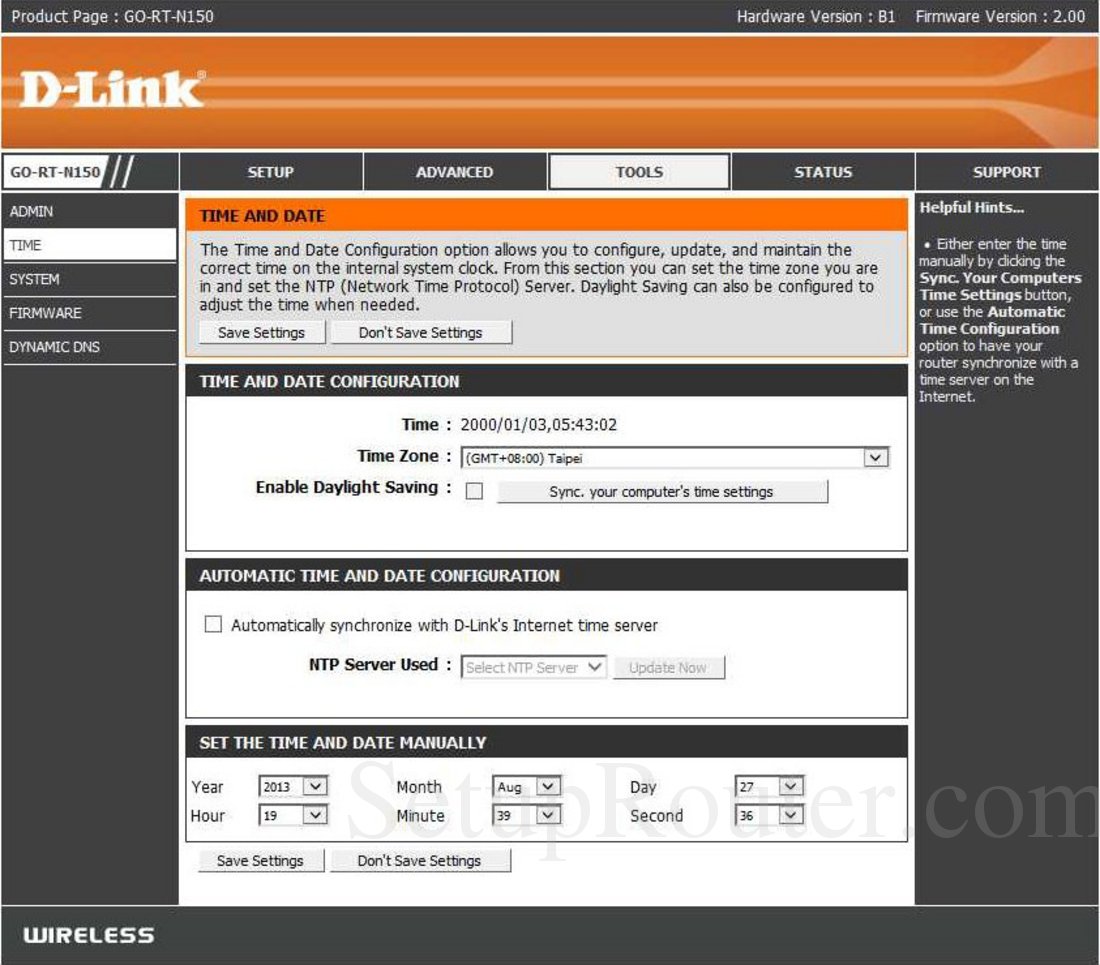 Dlink GO-RT-N150 Screenshot TimeandDate