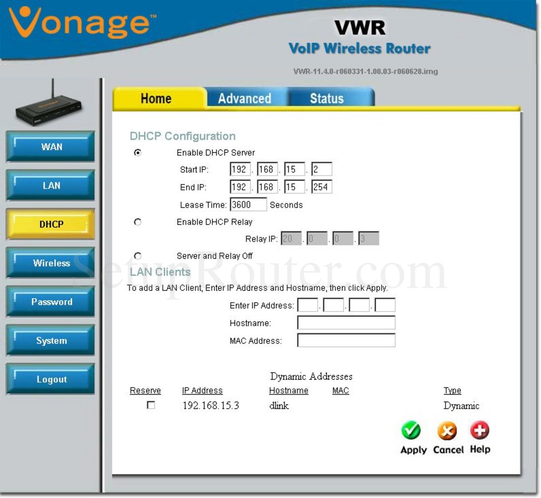 Dlink VWR-VR Screenshot DHCP Configuration