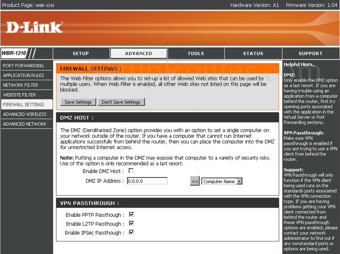 Dlink WBR-1310 Screenshot Firewall Settings