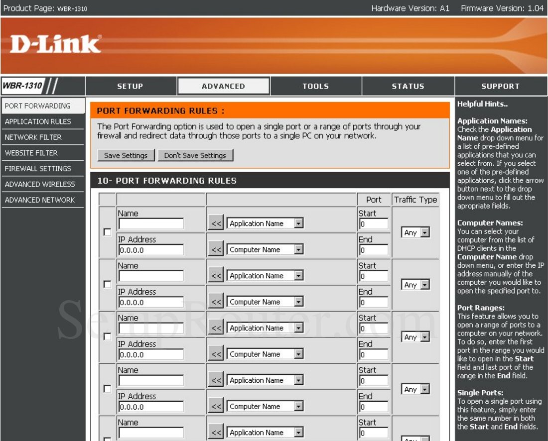 Dlink WBR-1310 Screenshot Port Forwarding