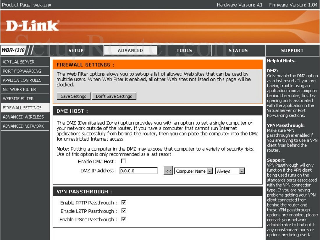 Dlink WBR-2310 Screenshot Firewall Settings