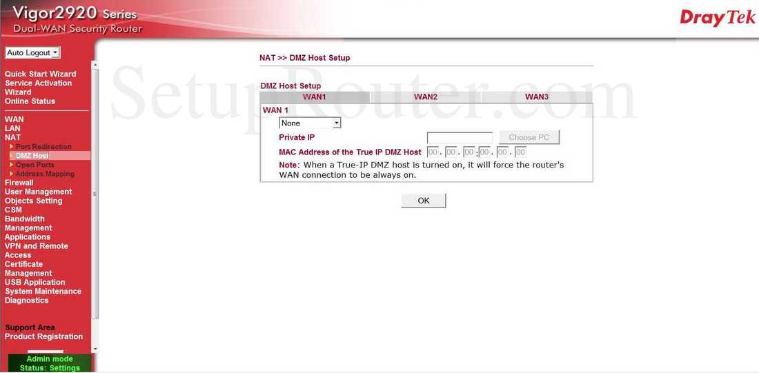 Draytek Vigor2920 Screenshot DMZ Host Setup