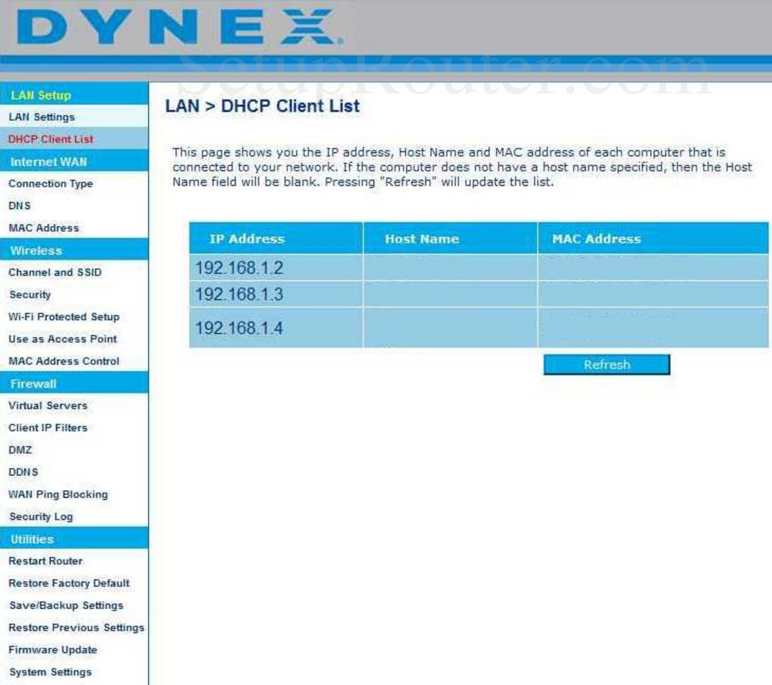 Dynex DX NRUTER Screenshot DHCP Client List