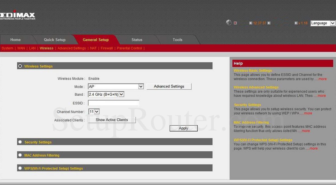 Edimax BR6228nS Screenshot General Setup Wireless Settings