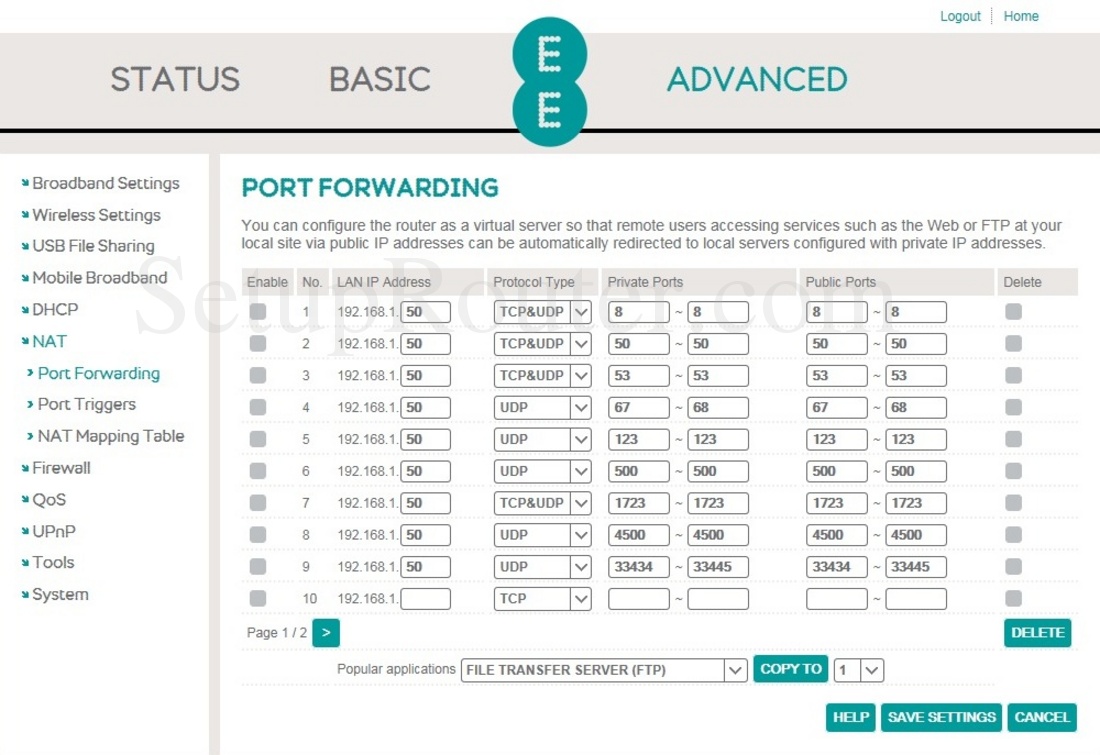 EE Bright Box 2 Screenshot PortForwarding