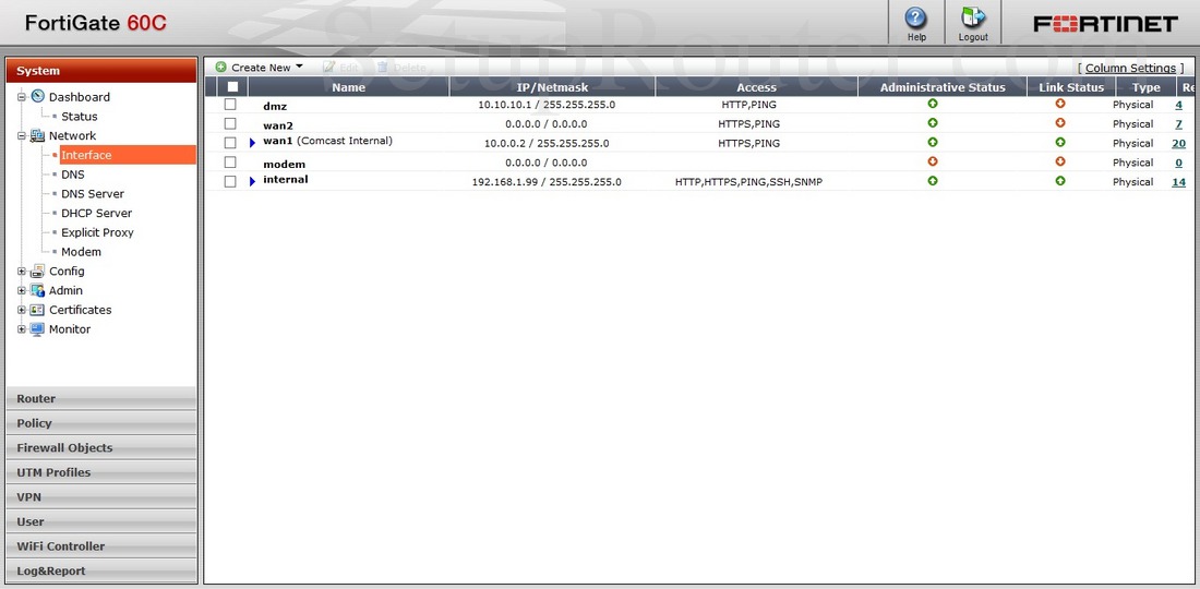 FortiGate60C Screenshot NetworkInterface