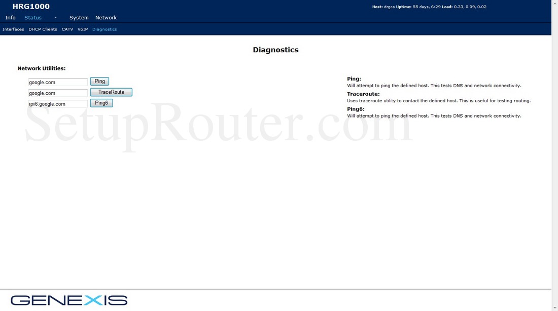 Genexis HRG1000 Screenshot Diagnostics