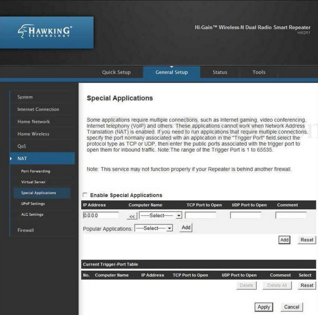 Hawking HW2R1 Screenshot Special Applications