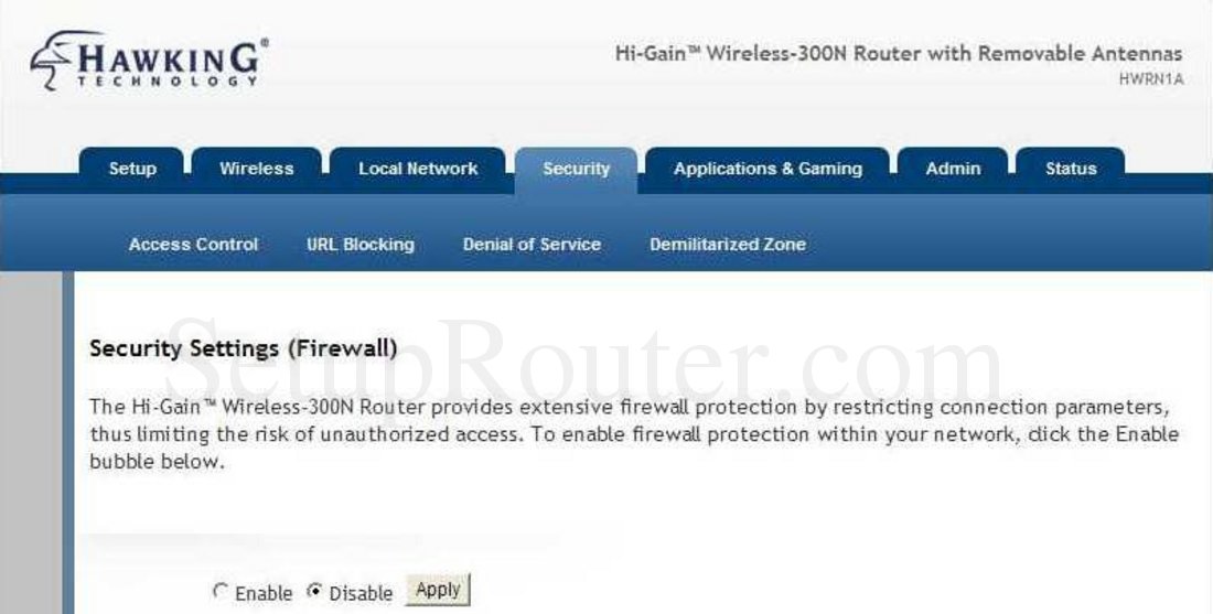 Hawking HWRN1A Screenshot Security Settings