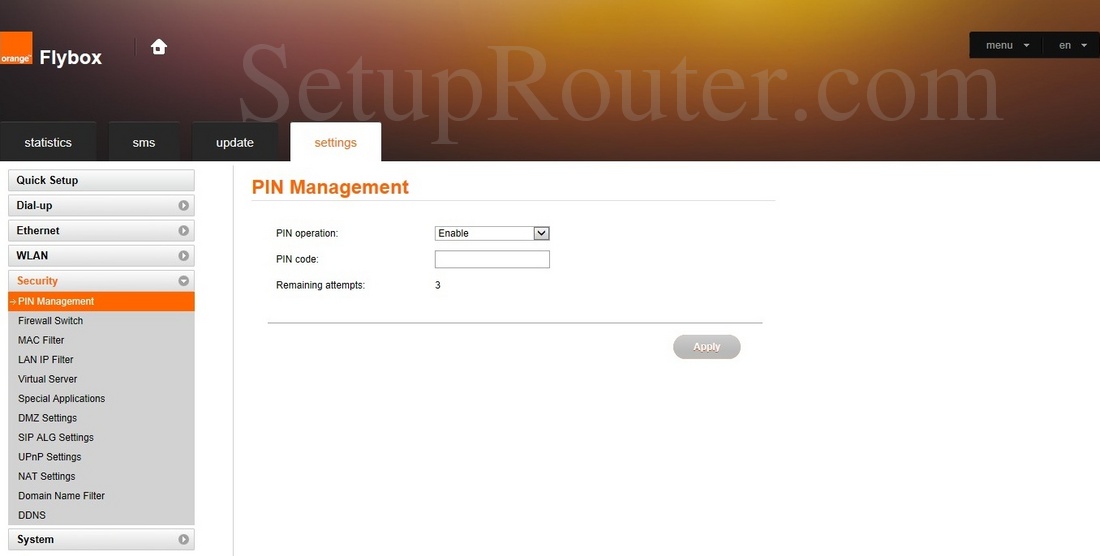 Huawei B310s22 Orange Flybox Screenshot PINManagement