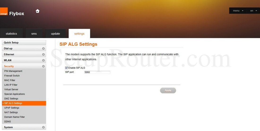 Huawei B310s22 Orange Flybox Screenshot SIPALGSettings
