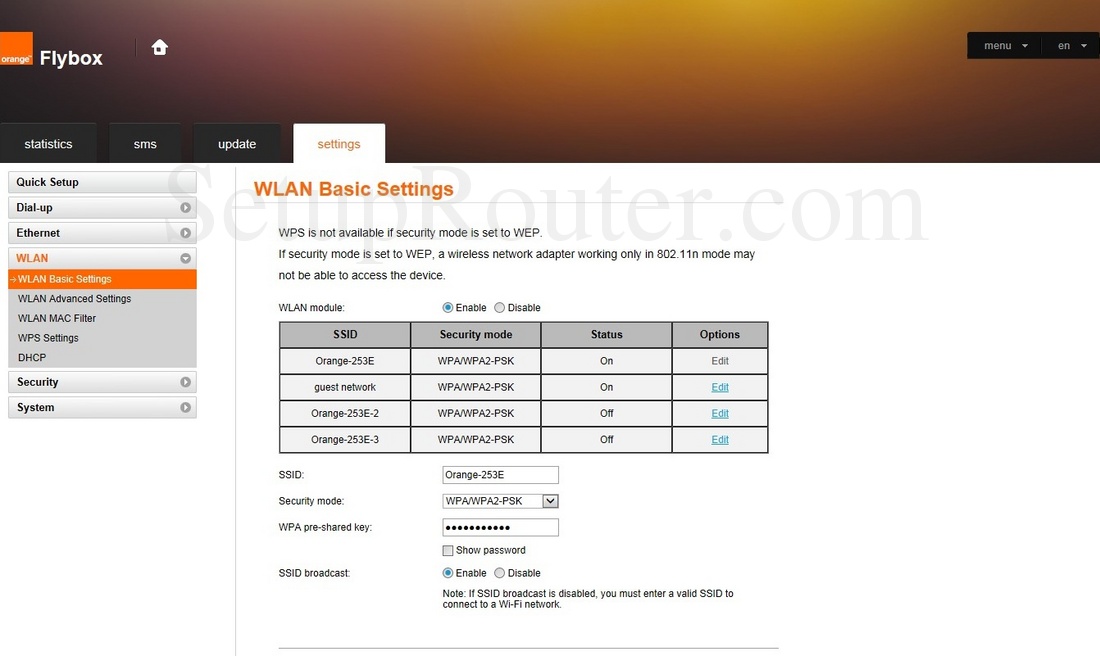 Huawei B310s22 Orange Flybox Screenshot WLANBasicSettings