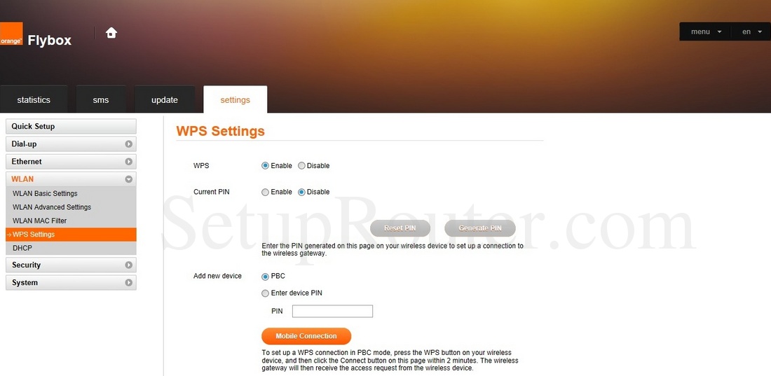 Huawei B310s22 Orange Flybox Screenshot WLANWPSSettings
