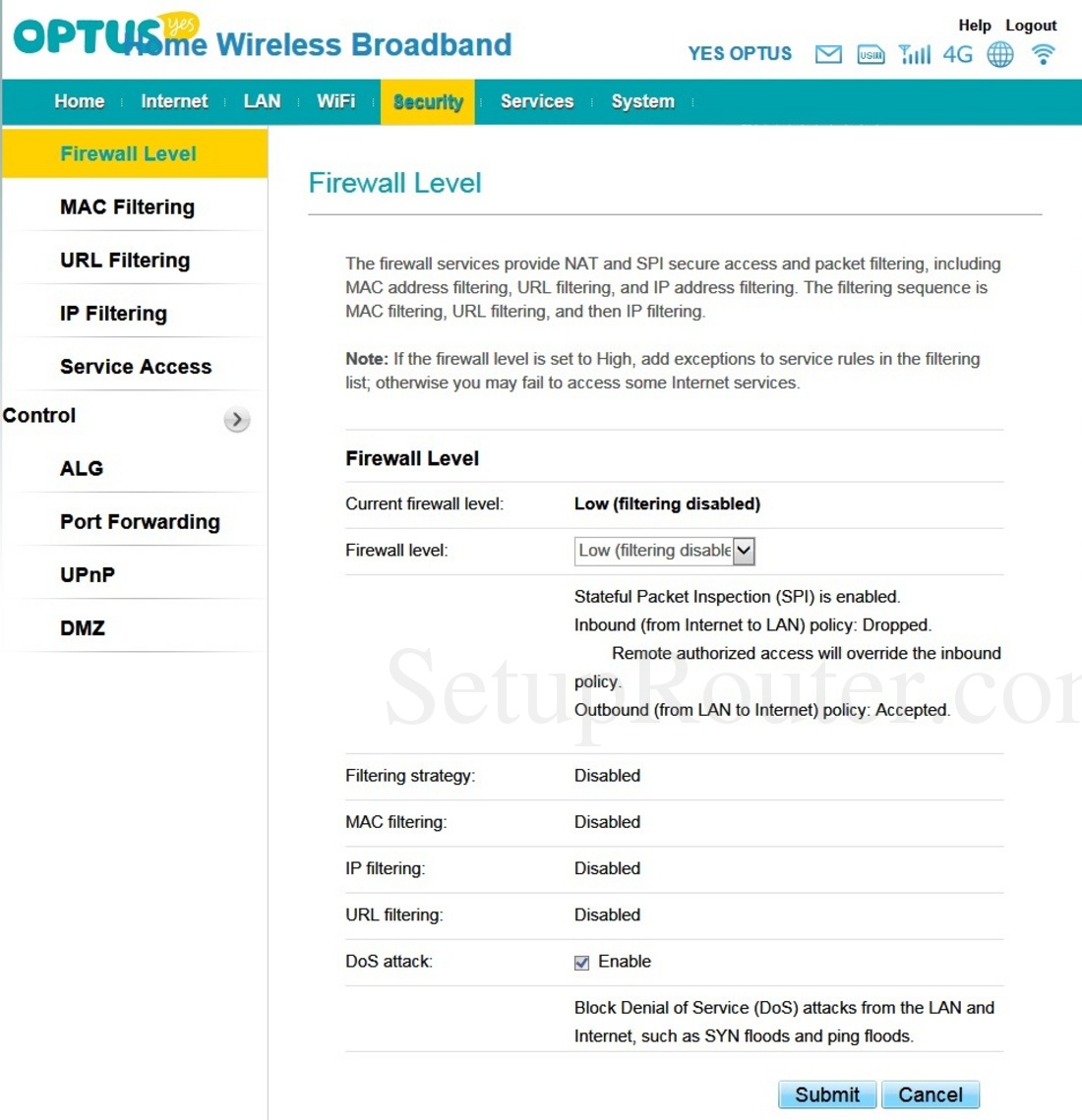 Huawei B593v2 Screenshot FirewallLevel