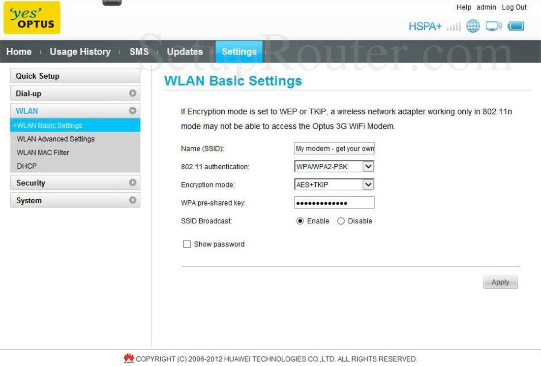 Huawei E5331 Screenshot Wlan Basic Settings 2881