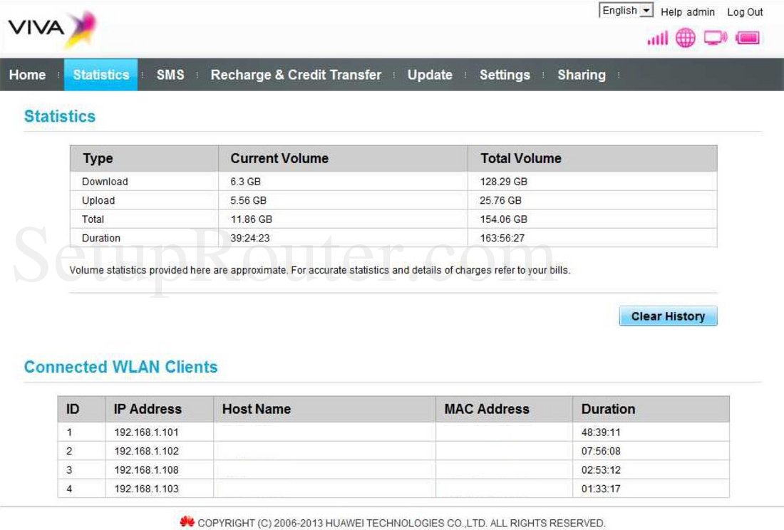 Huawei E5776 Screenshot Statistics