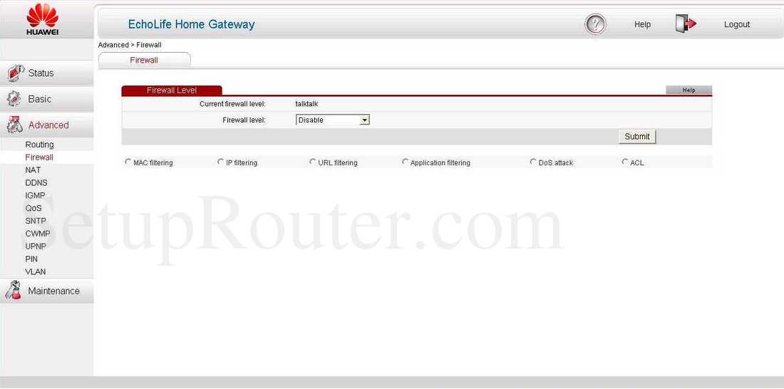Huawei EchoLifeHG532 Screenshot Firewall