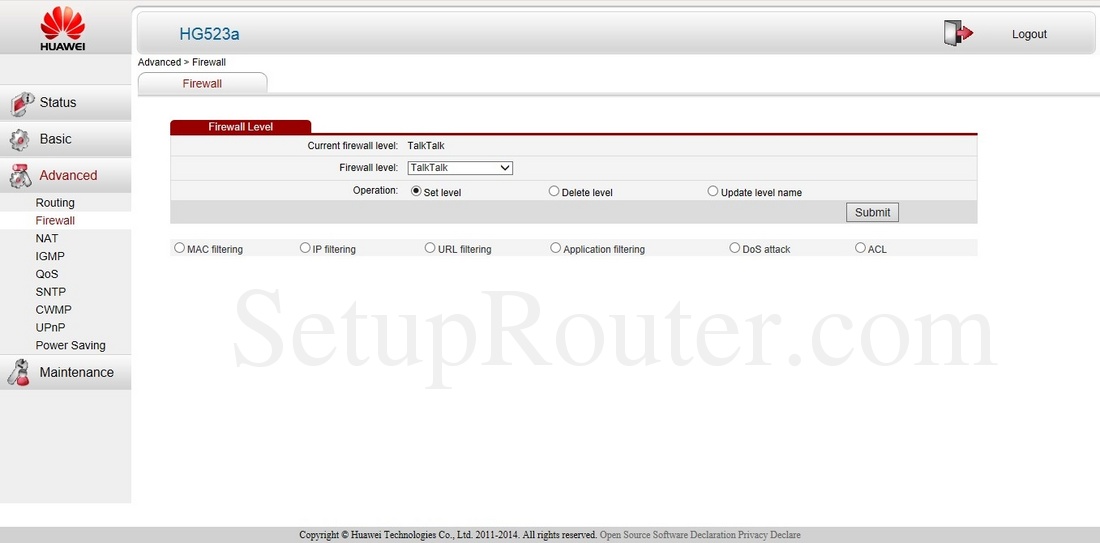 Huawei HG532a Screenshot Firewall