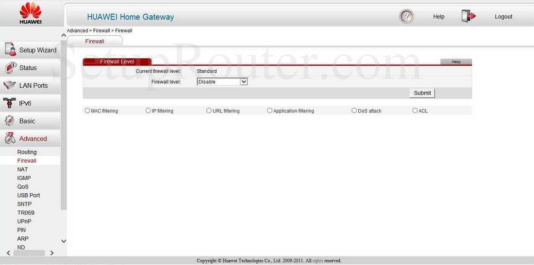 Huawei HG622u Screenshot Firewall