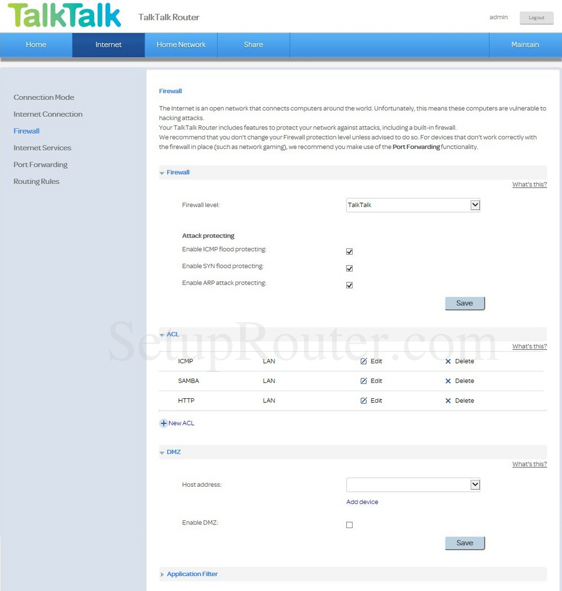 Huawei HG633 TalkTalk Screenshot Firewall