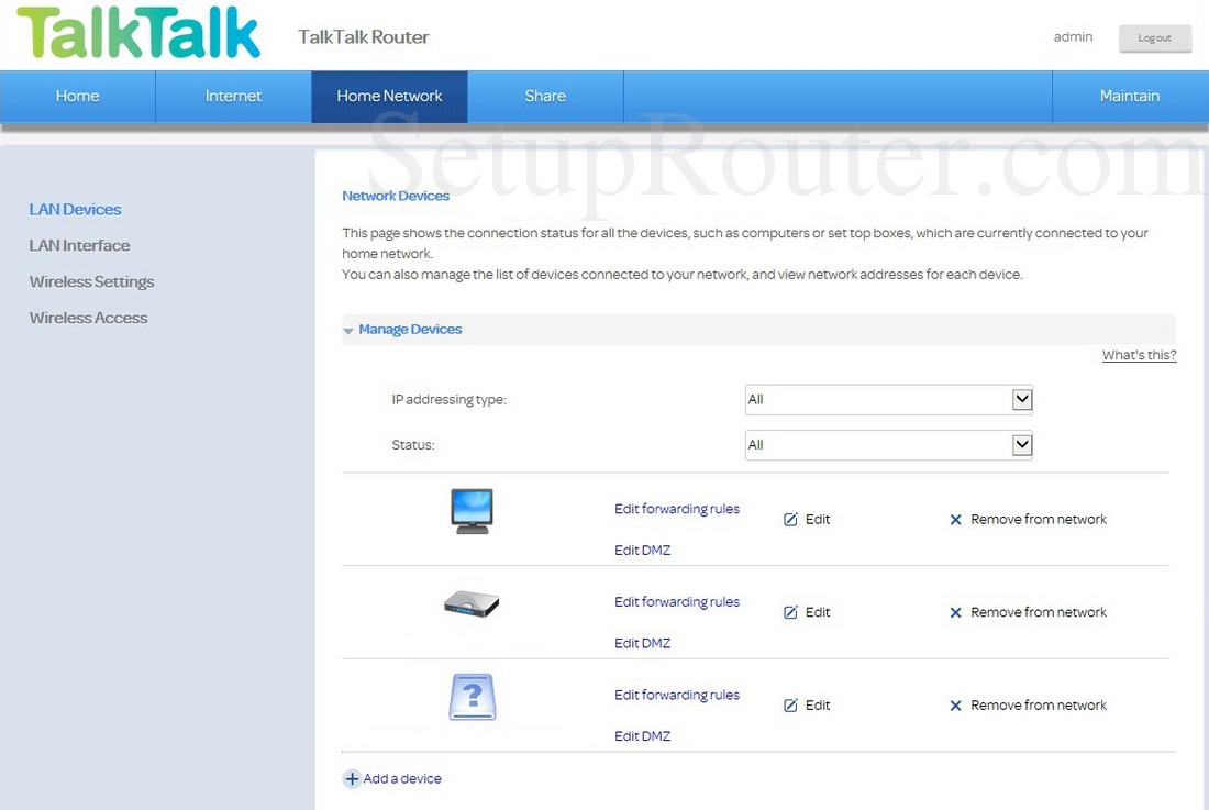 Huawei HG633 TalkTalk Screenshot LANDevices