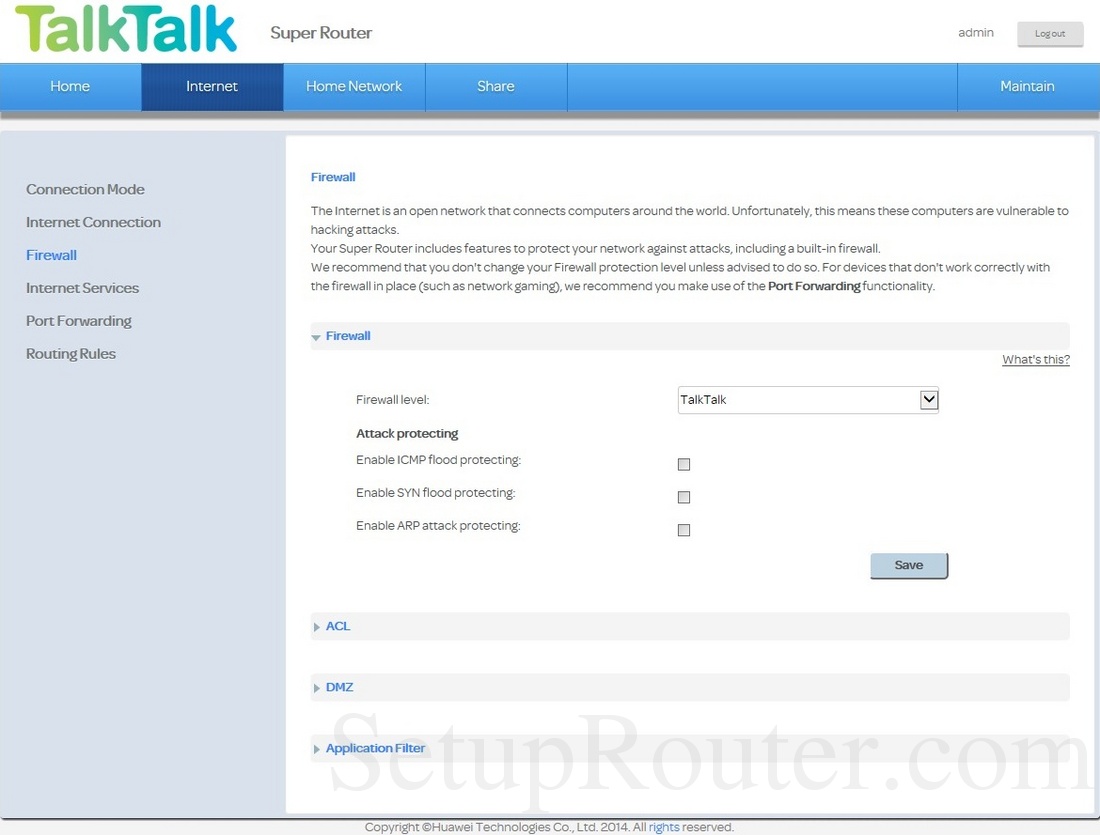 Huawei HG635 TalkTalk Screenshot Firewall