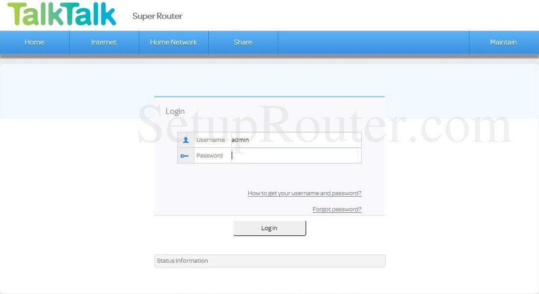 Huawei HG635 TalkTalk Screenshot Login