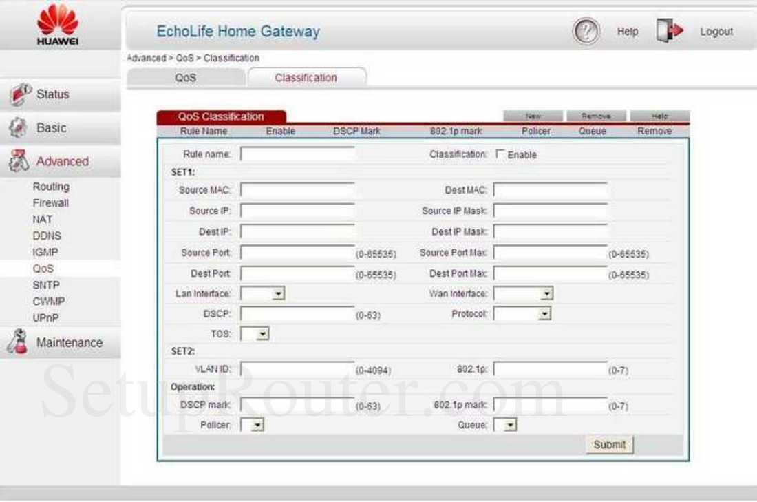 Huawei HG655d Screenshot Advanced QoS Classification