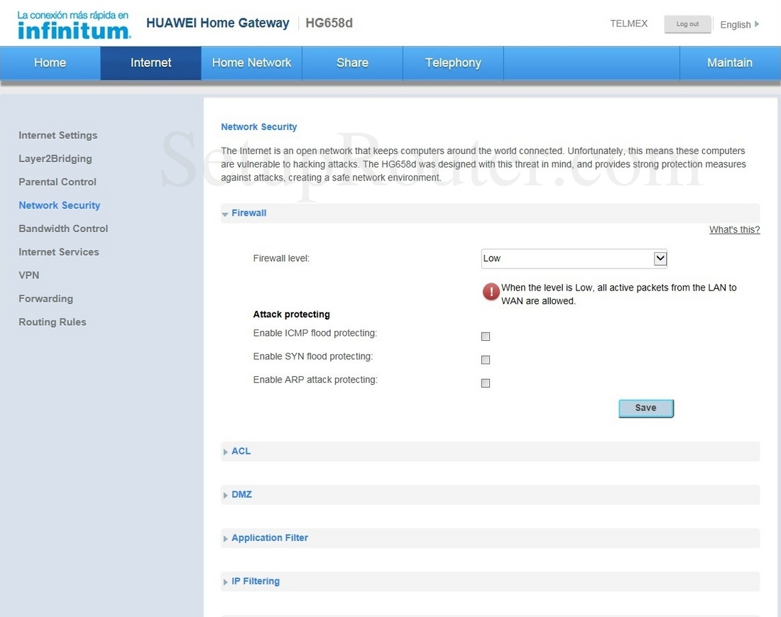 Huawei HG658d Screenshot Firewall