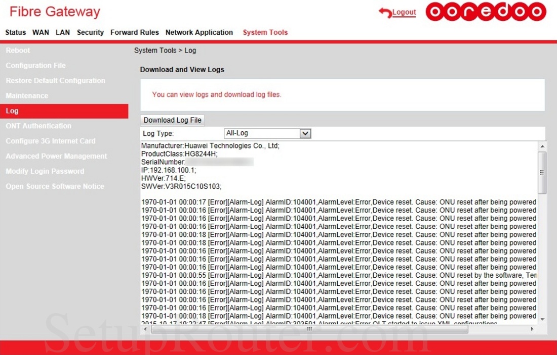 Huawei HG8244H Ooredoo Screenshot Log