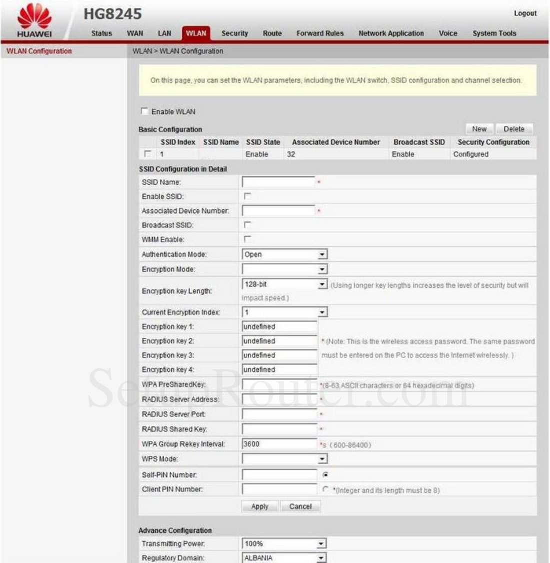 Huawei HG8245 Screenshot WLAN Configuration