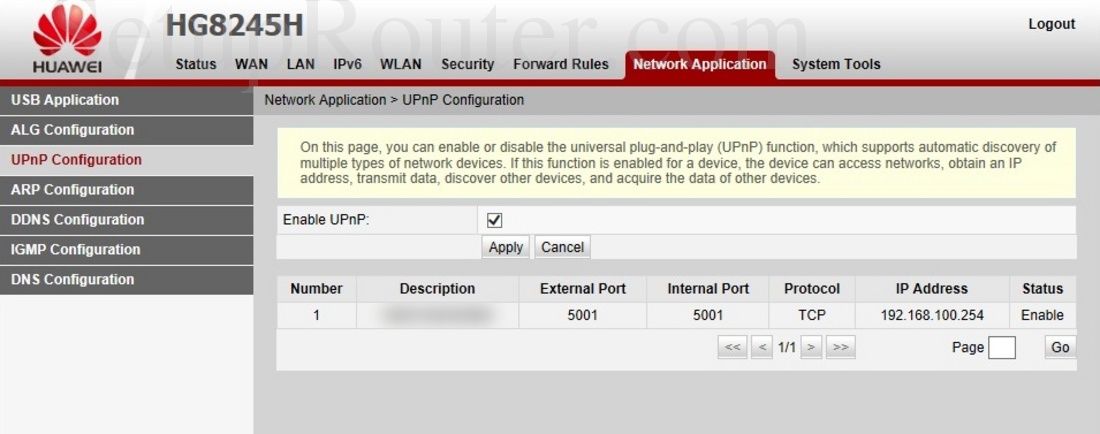 Huawei HG8245H Screenshot UPnPConfiguration