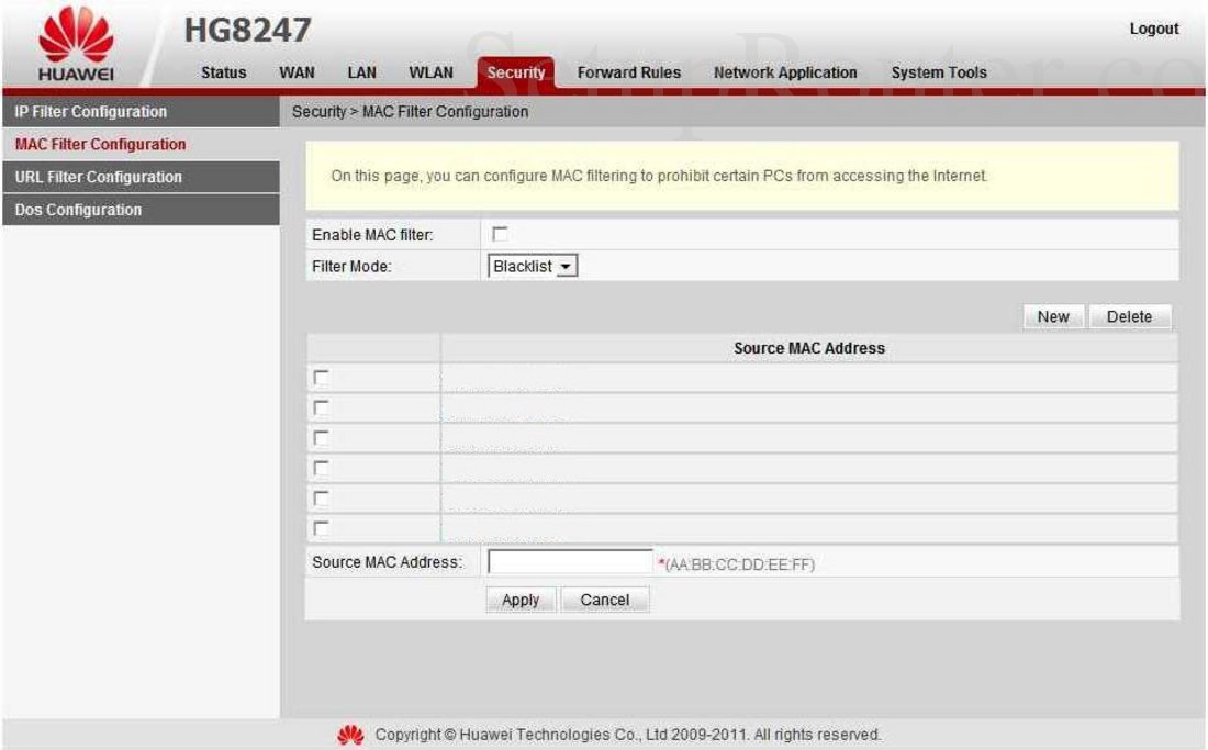 Huawei HG8247 Screenshot MAC Filter Configuration