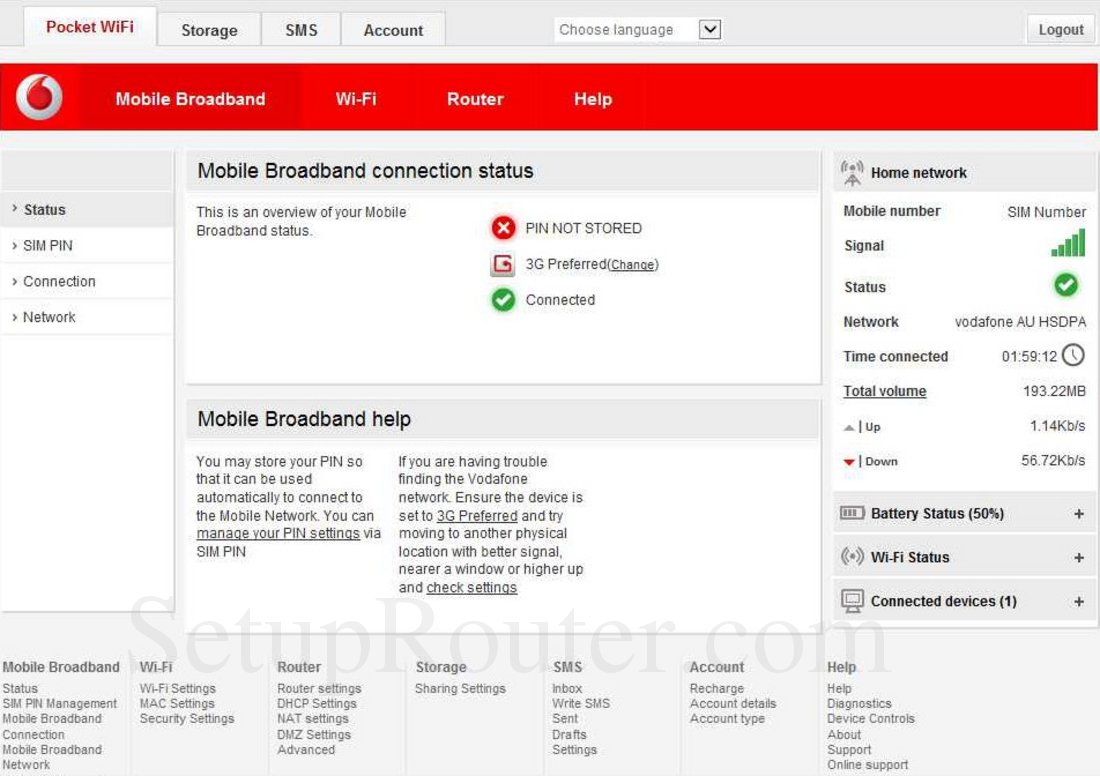 Huawei R205 Screenshot Mobile Broadband Connection Status