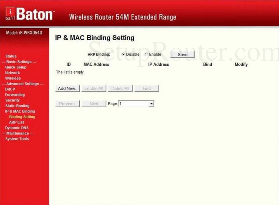 iBall iBWRX054G Screenshot IP and MAC Binding Binding Setting