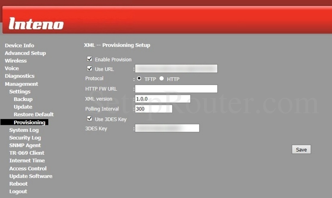 Inteno DG201R1B Screenshot XMLProvisioningSetup