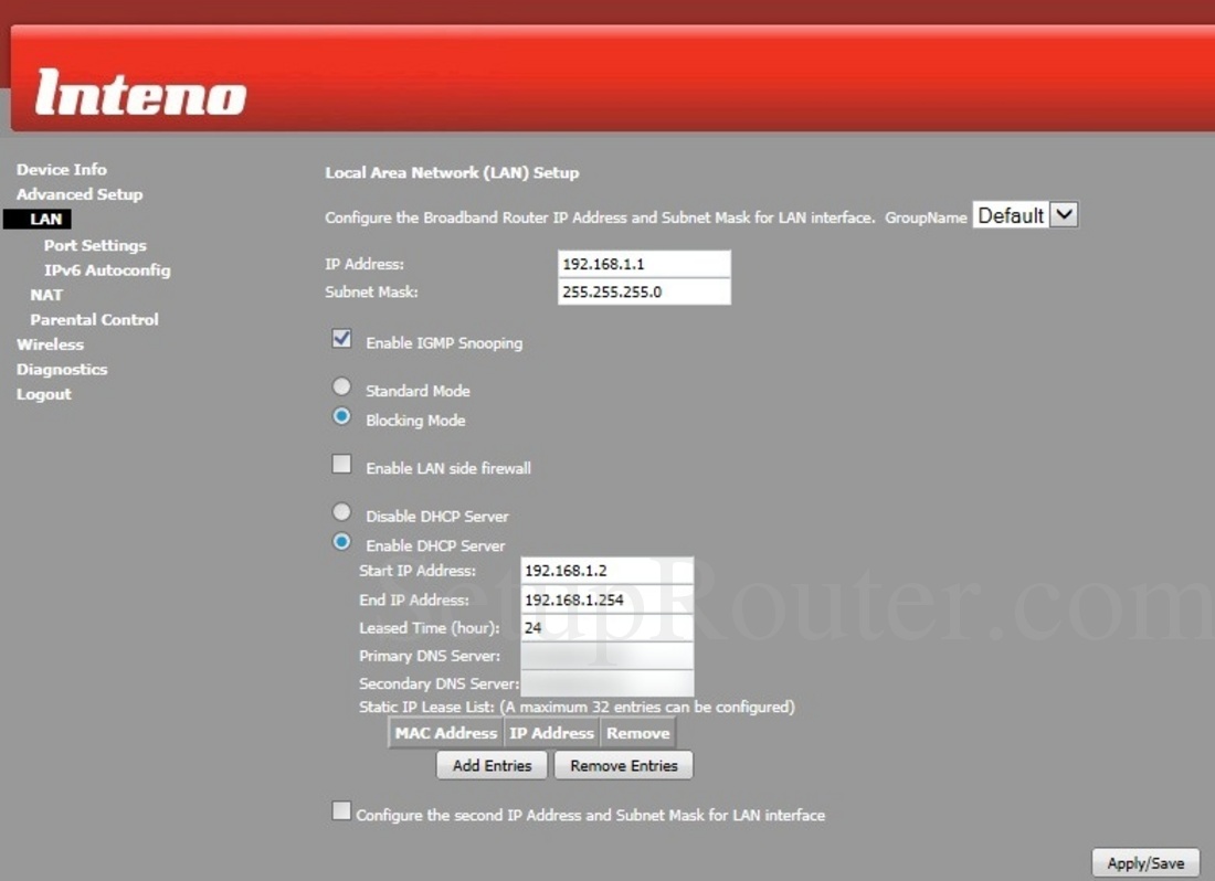 Inteno FG500 Screenshot LANSetup