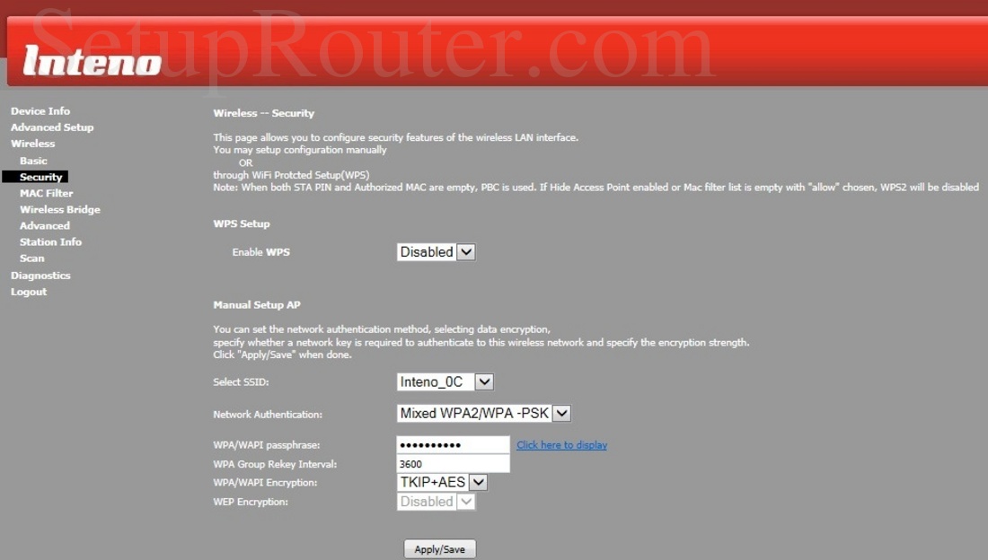 Inteno FG500 Screenshot WirelessSecurity