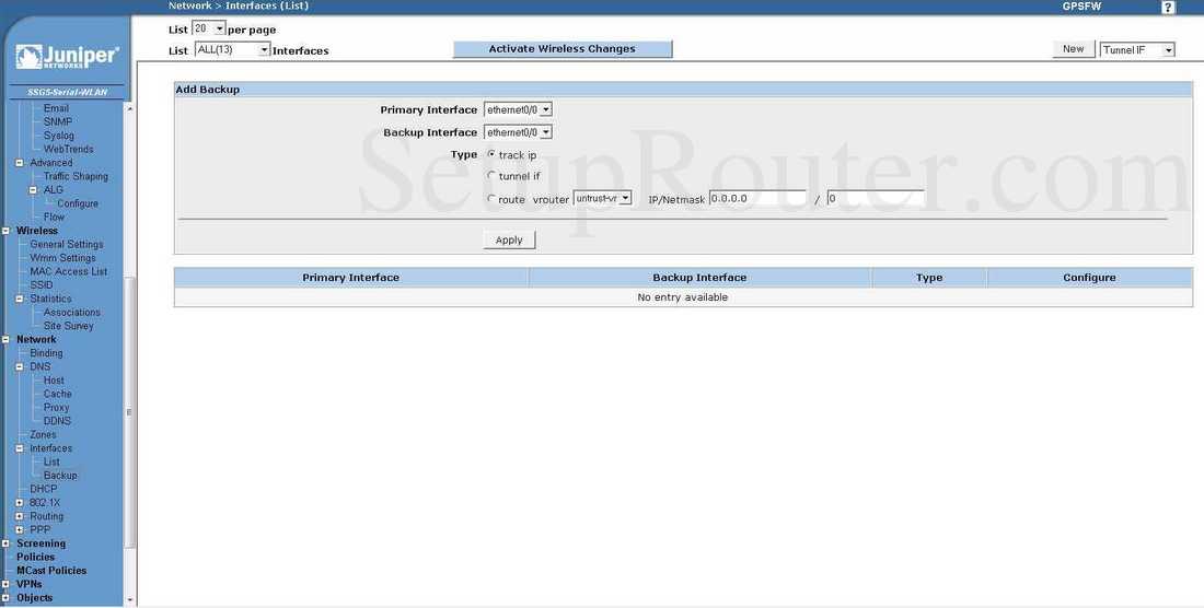 Juniper SSG5 Screenshot Interfaces Backup