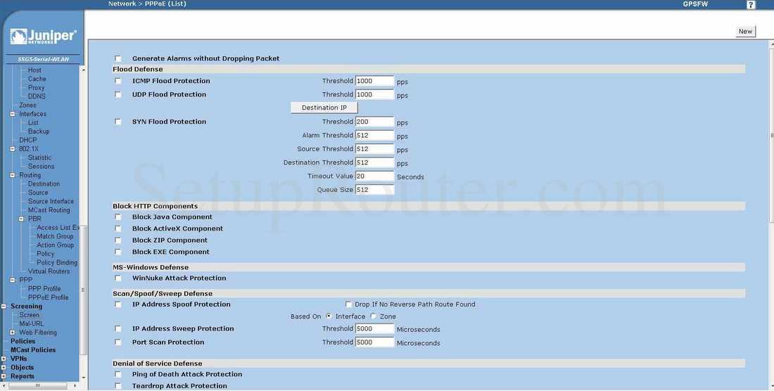 Juniper SSG5 Screenshot Screening Screen