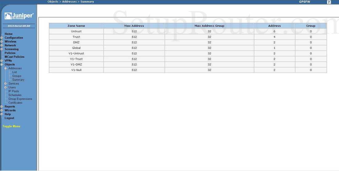 Juniper SSG5 Screenshot Addresses Summary