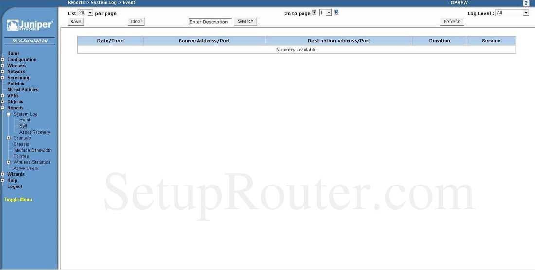 Juniper SSG5 Screenshot System Log Self